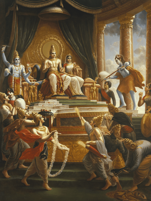 Prithu, já entronado, recebe presentes.png