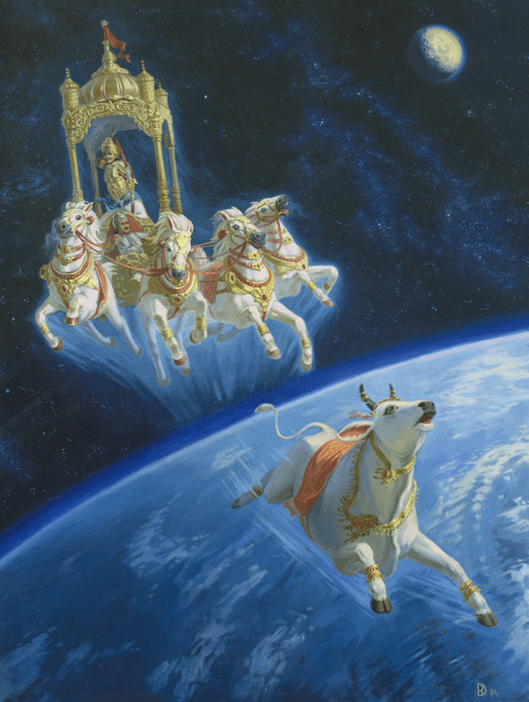 prithu persegue a mãe terra, na forma de uma vaca, por não estar produzindo devidamente